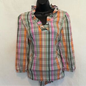 D-175‎ Crown & Ivy Green Pink & Orange Plaid Ruffle Neck 1/2 Sleeve Blouse Sz M